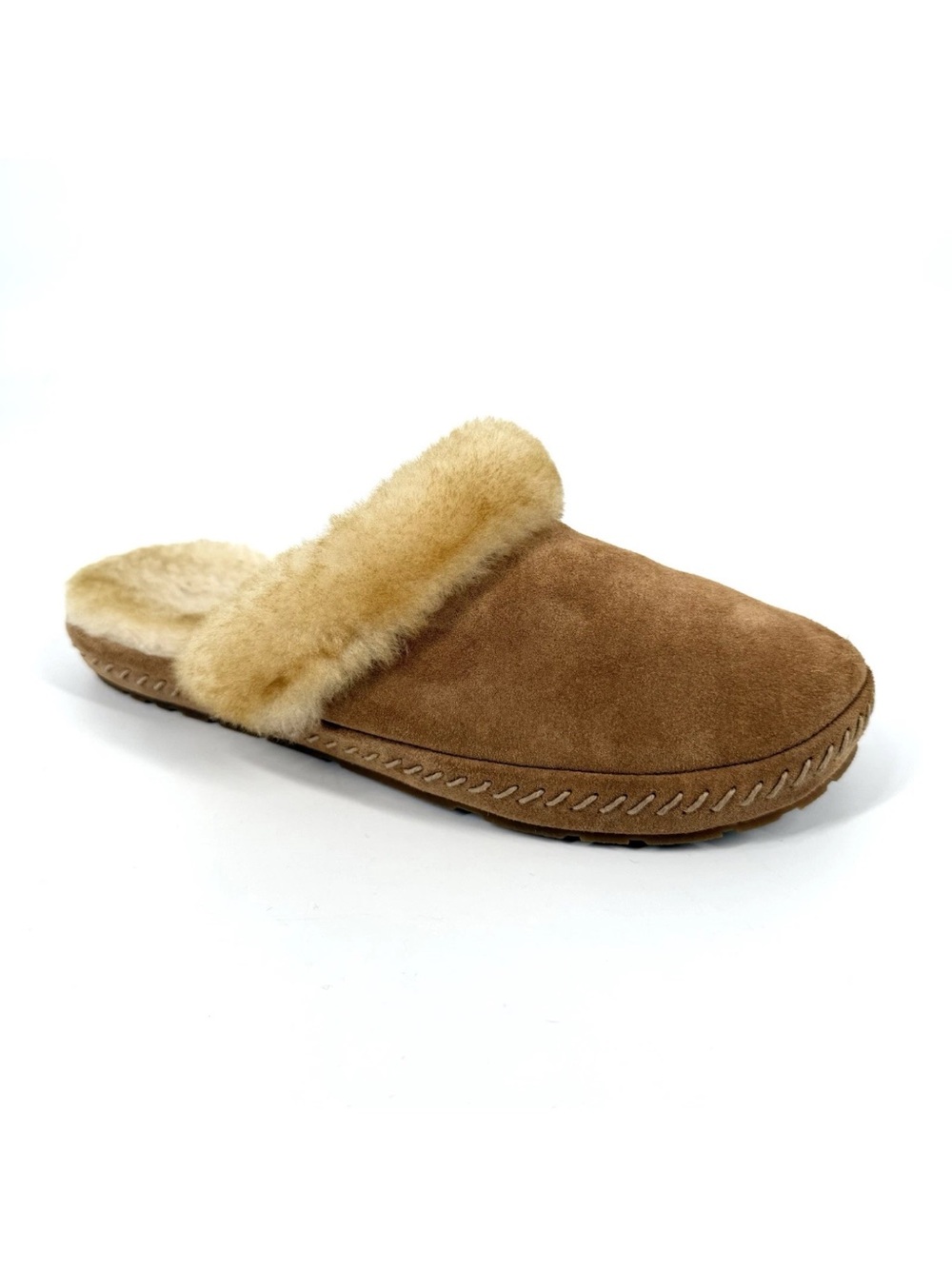 LL Bean Mule Slippers Womens Size 9 Brown Suede Leather Shearling Lined Shoes